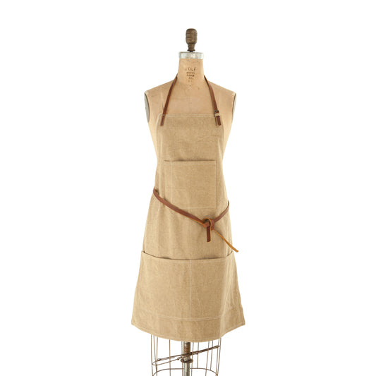 Natural Canvas Apron with Leather Ties