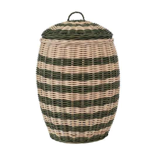 Green & Natural Striped Rattan Basket with Lid